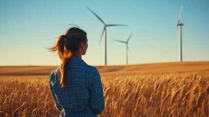 A woman environmental engineer integrates renewable energy into industry, showcasing the use of solar and wind power in production