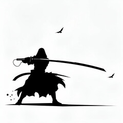 amurai Silhouette Wielding a Sword With Birds Flying in the Background
