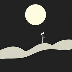 Minimalist Landscape with Full Moon and Lone Tree on Rolling Hills