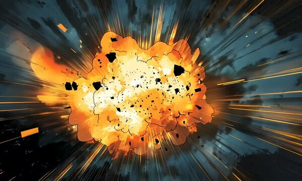 Exploding fiery orange and black debris radiating outwards in a comic book style.