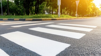 White crosswalk on city street, urban pedestrian crossing for safe street navigation and road safety