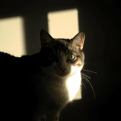 Beautiful Tabby Cat with Green Eyes Sitting in Sunlit Room