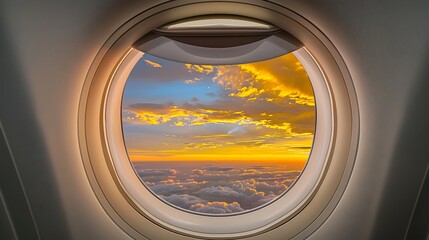 Fototapeta premium View from a round airplane window, white frame, sunset sky, colors of yellow, orange, and blue, clouds softly lit in the background, picturesque.