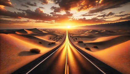 Obraz premium A long, straight road stretching through an expansive desert landscape at sunset
