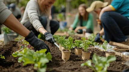 A group of volunteers participating in an urban gardening workshop. Participants are learning how to plant and care for a variety of vegetables in a community garden. The atmosphere is filled with