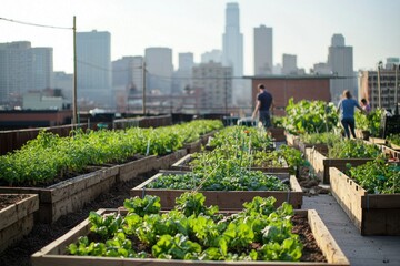 Fototapeta premium A rooftop farming setup with rows of raised beds filled with vegetables and herbs. Gardeners are actively tending to the crops, showcasing the communal effort involved in urban agriculture. The city
