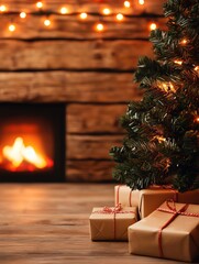 A cozy Christmas scene featuring a decorated tree, wrapped gifts, and a warm fireplace, creating a festive and inviting atmosphere.
