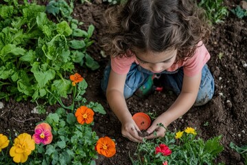 A child planting seeds in a small urban garden, showcasing the importance of teaching gardening skills to the next generation. The child is focused and engaged, surrounded by colorful flowers and