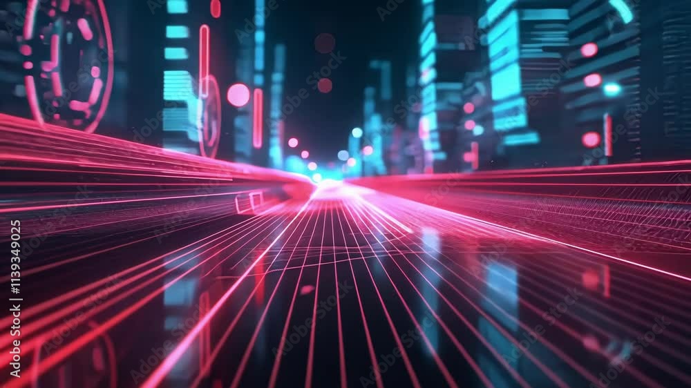 Poster digital data stream is rapidly flowing through cyberspace, creating glowing lines and representing t