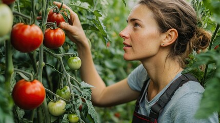 A detailed shot of an urban gardener inspecting ripening tomatoes on a vine. The vibrant red tomatoes contrast beautifully with the green foliage. This image captures the excitement and anticipation
