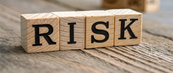 Risk concept with wooden letter blocks on textured wooden surface