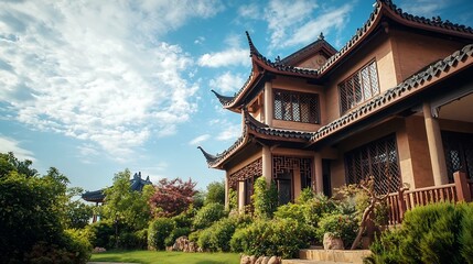 Fototapeta premium Elegant traditional Chinese style house with a pagoda inspired roof decorative lattice windows and a small garden setting leaving ample copy space in the background sky for text or graphic overlay