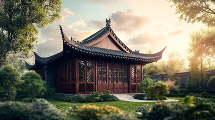 Naklejka premium Elegant Chinese style house with pagoda style roof decorative lattice windows and a small peaceful garden leaving ample copy space in the background sky for design elements