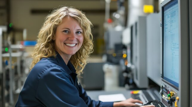 A woman process optimization expert smiles as she completes a major upgrade in process control systems, ensuring seamless production