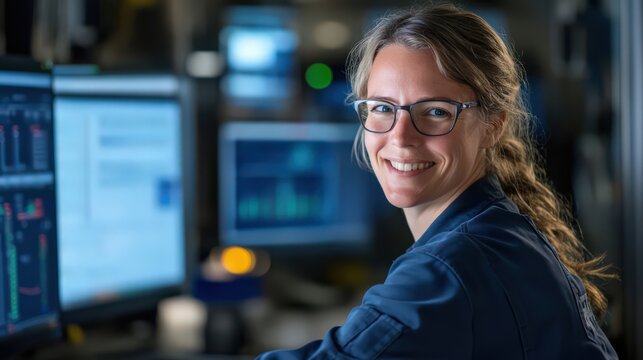 A woman process optimization expert smiles as she completes a major upgrade in process control systems, ensuring seamless production - Powered by Adobe