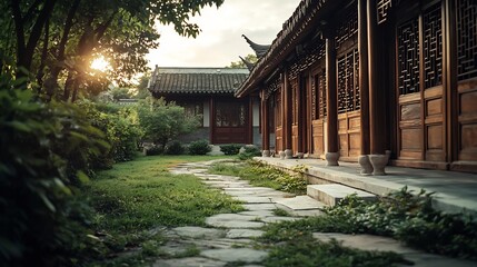 Fototapeta premium Elegant traditional Chinese courtyard residence featuring symmetrical wooden structures decorative details and a quiet stone pathway with open space in the surrounding sky and yard for copy