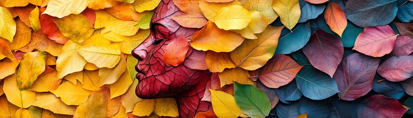 Ecofriendly concept of human figure formed by leaves, immersed in colorful autumn foliage, symbolizing unity with nature and environmental awareness