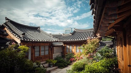 Obraz premium Captivating traditional Korean Hanok house with curved tiled roofs wooden beams and a small tranquil courtyard leaving ample copy space in the sky and open yard