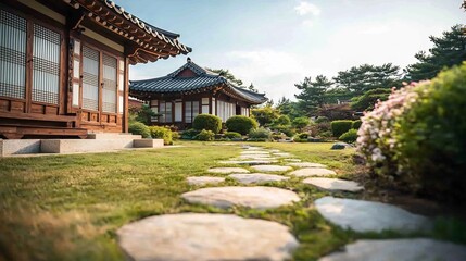 Picturesque Korean Hanok with Intricate Roof Patterns Stone Pathway and Small Garden   Serene and Peaceful Architectural Landscape with Clear Copy Space