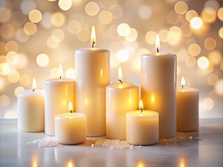White Wax Candles, Candlelight, Bokeh, Isolated, Romantic,  Burning Candles, Soft Light, White Background, Elegant Candles, Cozy Atmosphere