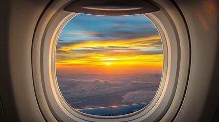 View from an airplane window with a white round frame, sunset sky, colors of yellow, orange, and blue, clouds in the background, gentle light.