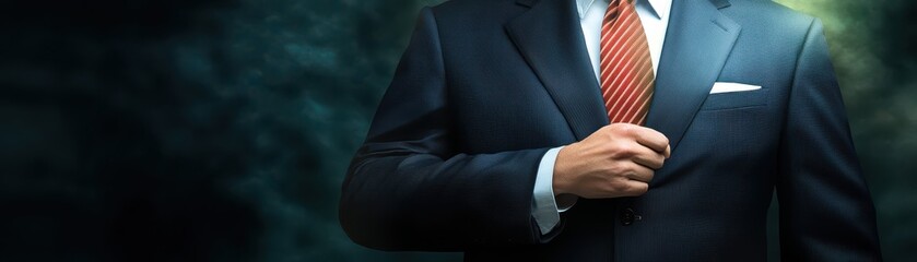 Man in suit adjusting tie, professional attire, office setting, business, fashion and executive style