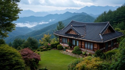 Obraz premium Tranquil Korean Mountain Retreat with Tiled Roofs and Wooden Accents A traditional Korean home nestled in the mountains featuring tiled roofs wooden accents