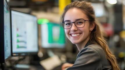 A woman software engineer smiles while implementing manufacturing software, streamlining factory operations for smoother workflows