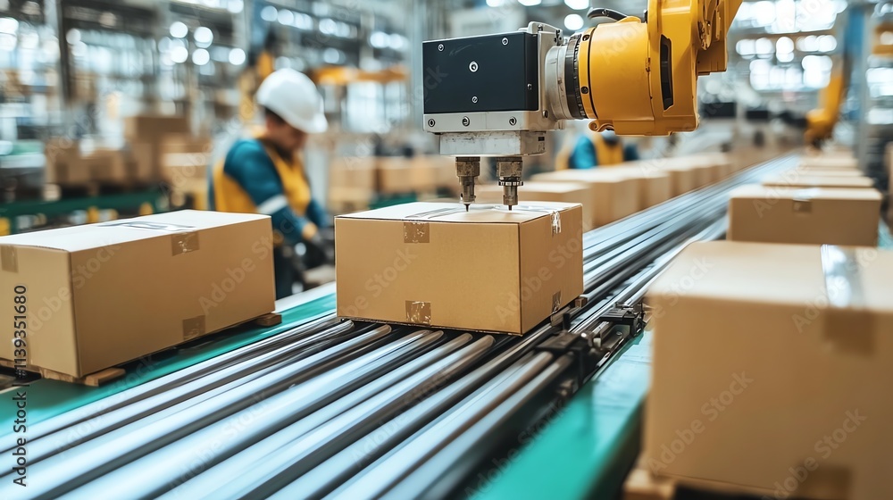 Poster automated assembly line with robotic arm packaging boxes in a modern factory.