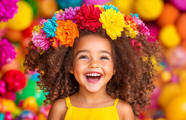 A young girl with a flowery headdress is smiling and laughing. The image has a bright and cheerful mood, with the colorful flowers and the girl's happy expression