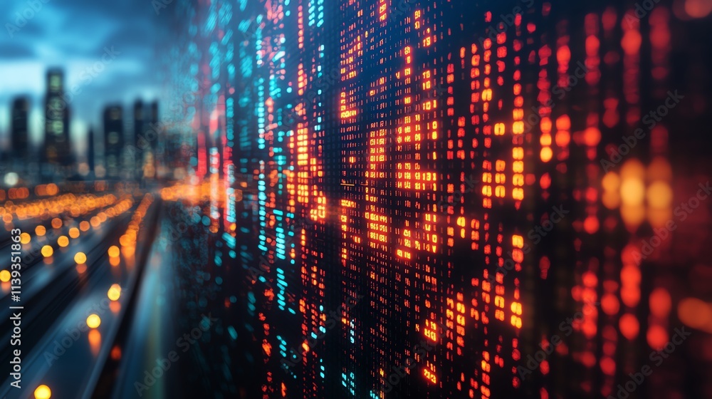 Poster digital data visualization with vibrant colors and a cityscape in the background.