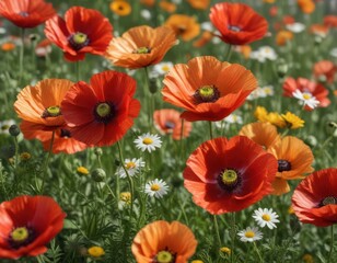 Obraz premium Delicate poppy & chamomile blossoms, vibrant hues, close-up view, red, bright