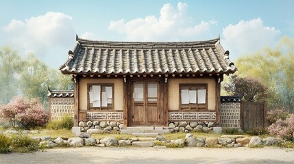 Serene traditional Korean house with rustic stone foundation wooden doors and paper windows set amidst a peaceful rural landscape with ample copy space in the foreground and sky