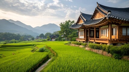 Obraz premium Serene Hanok House Overlooking a Peaceful Rice Field with Wooden Beams and Curved Roofs in the Tranquil Landscape