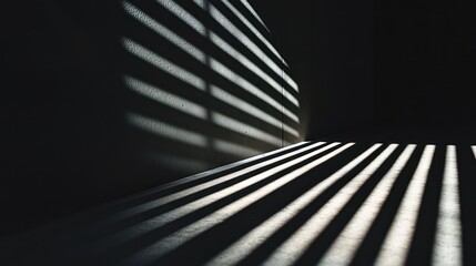 Fototapeta premium Sunbeams Streaming Through Blinds Cast Long Shadows Across a Dark Room