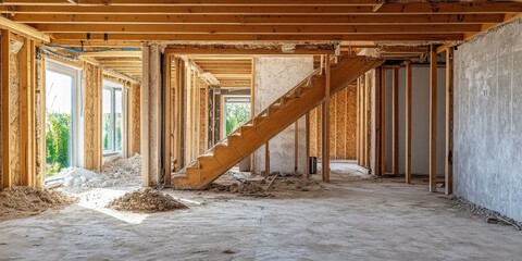 Fototapeta premium New House Under Construction: Wooden Frame and Interior Structure