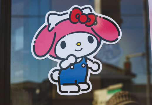 Tokyo, Japan - December 17, 2024 - A sticker of the Sanrio  character "My Melody" at a Baskin Robbins shop in Tokyo. It is an advert for a Hello Kitty Collaboration for the 50th anniversary.