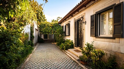 Fototapeta premium Elegant Sino Portuguese Heritage House with Intricate Tiled Floors Shuttered Windows and a Small Courtyard Garden Providing Copy Space