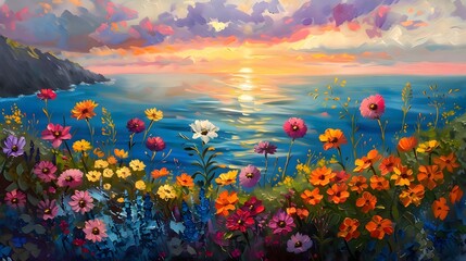 A picturesque scene of a coastal meadow, filled with wildflowers in full bloom. The setting sun casts a warm glow over the landscape, creating a magical and romantic atmosphere.