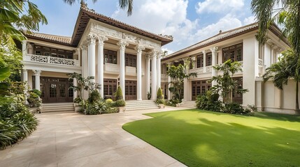 Fototapeta premium Grandiose Sino Portuguese style mansion surrounded by lush tropical landscaping featuring decorative white columns ornate moldings