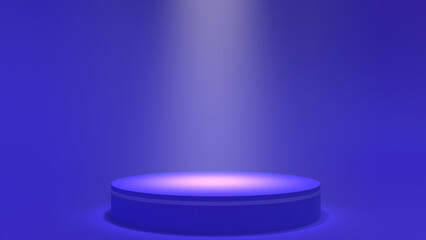 a cylindrical podium bathed in a soft spotlight stands on a blue background, ready for a product presentation or announcement. 3D render.