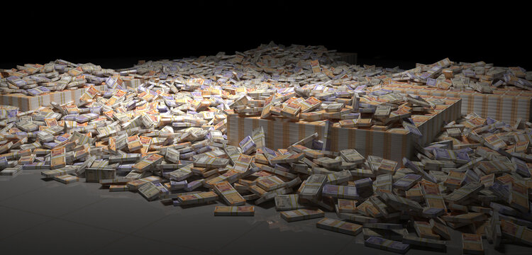 a massive pile of bundled indian rupee banknotes spills across a dark floor, creating a scene of immense wealth and abundance. 3D render.