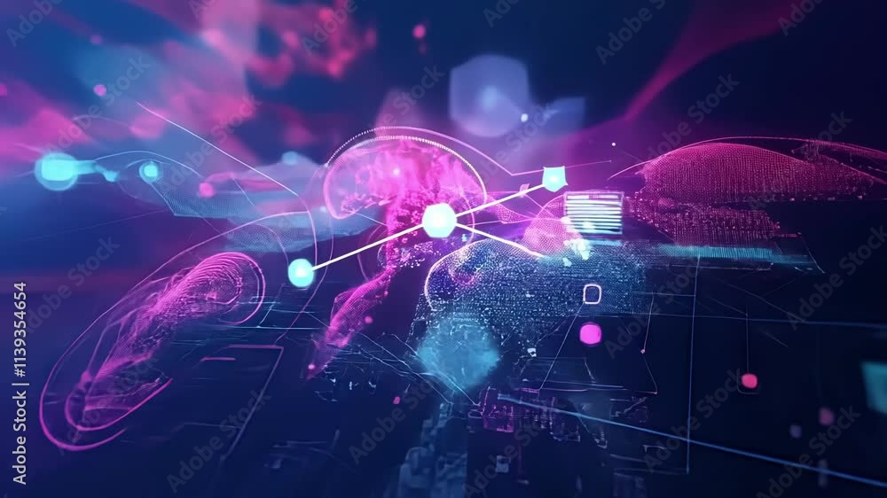 Poster complex digital world map visualization displaying interconnected nodes, data streams, and technolog