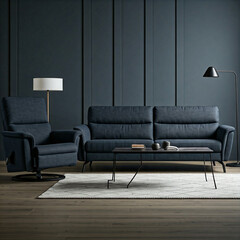 modern living room interior with sofa and couch. Dark blue sofa and recliner chair. 