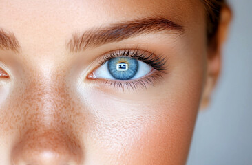 A woman with blue eyes and brown eyebrows. The eyes are open and the eyebrows are raised. The woman has a light skin tone and a tan complexion