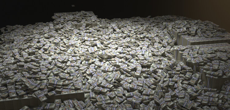 a massive pile of one hundred dollar bills, bundled and stacked high, creates an overwhelming visual of immense wealth and financial power. 3D render.