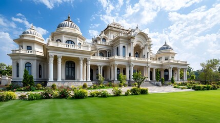 Fototapeta premium Majestic Indian Palace Style House with Ornate Architecture Domed Roof and Lush Landscaped Garden Offering Abundant Copy Space