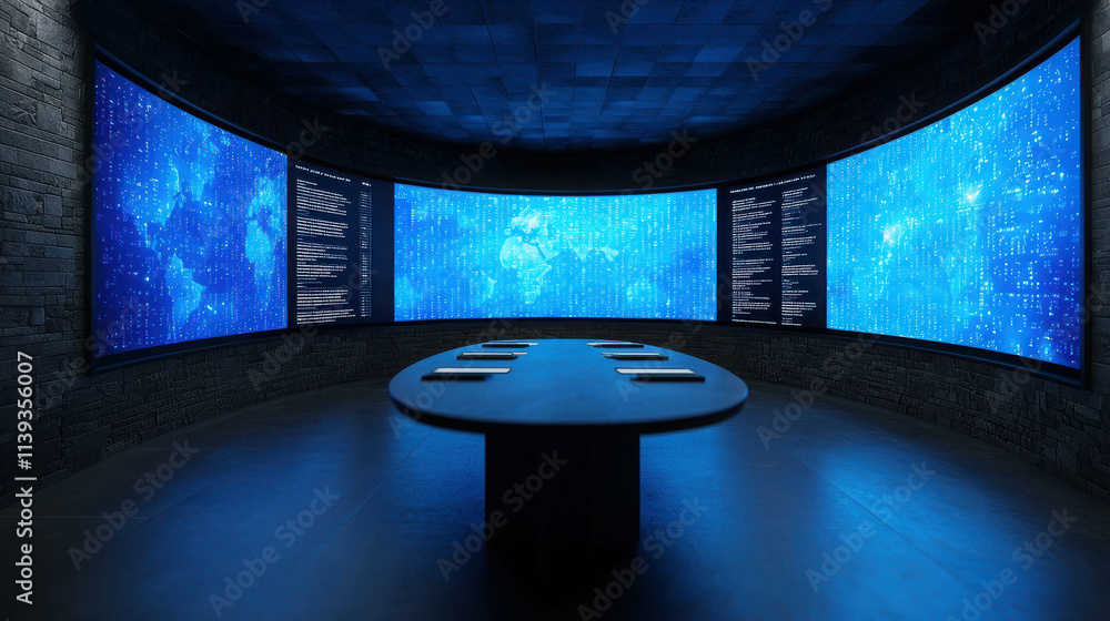 Poster dynamic conference room with digital displays showcasing data visualizations