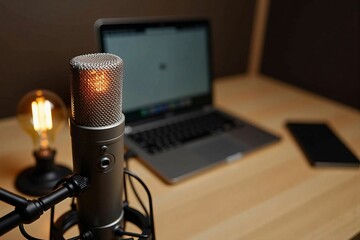 Professional Home Studio Setup with Microphone, Laptop, and Soft Lighting for Podcasters, Streamers, and VTubers