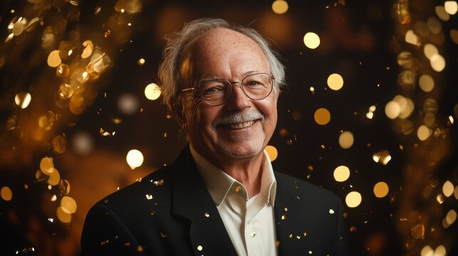 Happy senior man smiles amidst falling confetti.